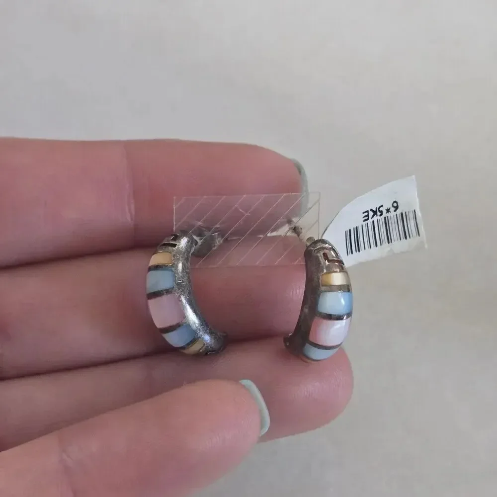Vintage Sterling 925 Inlay Pastel Blue Pink Yellow Mother Of Pearl Earrings